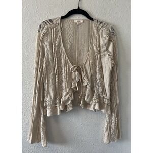 Women's Cardigan Sweater Top Size Sm Beige Tie Boho Victorian Whimsy Fairy Y2K